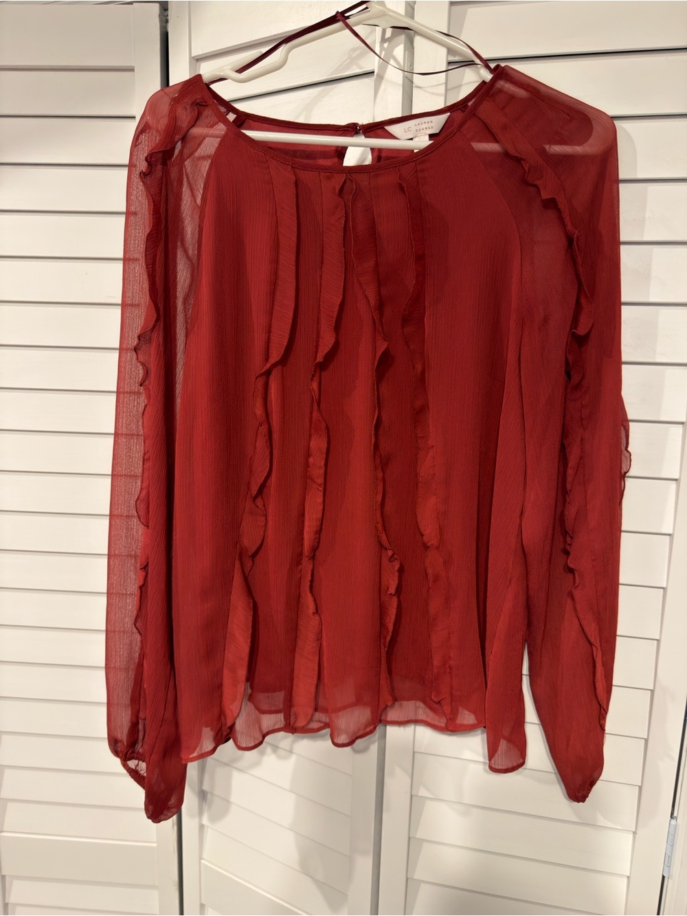 LC Lauren Conrad Red Ruffle Sheer Long-Sleeve Blouse